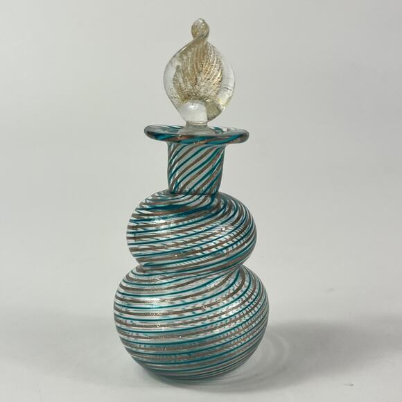 Venetian Murano Perfume Bottle Blue Gold Mouth Blown Fine Art Glass Handblown - Picture 3 of 13